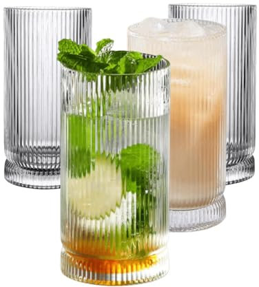 4 vasos altos de cristal acanalado, cristalería para beber, vasos de agua para bar, hogar, vasos de vidrio altos para café, hielo, jugo, cerveza, cóctel