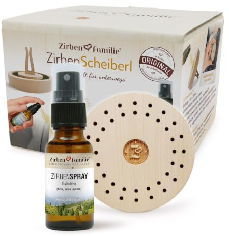 Zirben Familie® Original ZirbenScheiberl Autoduft | Holz-Clip Medaillon mit 5ml ZirbenSpray | natürlicher Auto Lufterfrischer aus Zirbenholz
