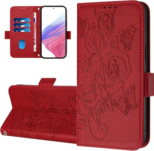 LEMAXELERS Fodral för iPhone 16E plånboksfodral bok flipfodral RFID-blockering med korthållare stativ magnetisk stängning, stöttåligt skydd för iPhone 16E ros blomma röd YBMG.