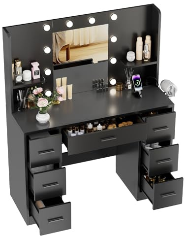 TRIUMPHKEY Große Schminktisch mit 7 Schubladen und Steckdosen, Frisiertisch Mit 10 LED Beleuchtung, 3 Farben & Einstellbare Helligkeit, Kosmetiktisch mit Offenen Ablagen, Schlafzimmer (Schwarz)