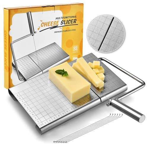 Zeauuiv Cheese Slicer, Heavy-Duty Stainless Steel Cheese Cutter Set with 6 Replacement Wires & Cutting Board - Precision Kitchen Tool for Block Cheese, Butter, Sausages - Dishwasher Safe & Non-Slip