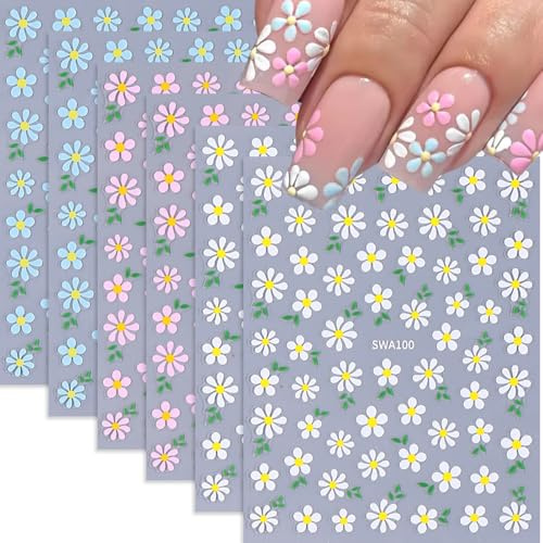 Nagelsticker Blumen Frühling Nail Art Sticker 3D Selbstklebend Weiß Rosa Klein Blumen Nagelaufkleber Frühling Sommer Daisy Blumen Dekoration Nageldesign Zubehör (6Blatt)