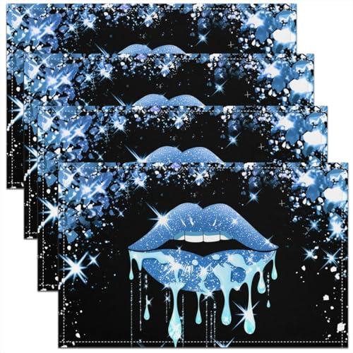 Sexy Lips 12x18 Inches Placemats Set of 4,Shining Blue Sequins Sparkling Romantic Washable Place Mats for Dining Table Decorations,Luxury Lipstick Starry Glitter Diamond Plant Table Mats Indoor