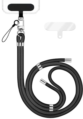 NALIA HoldMe Catena Universale per Smartphone & Custodie per Cellulari, Cordino in Nylon Regolabile e Staccabile, Laccetto da Collo, Laccio con Moschettone (argento) & 2 Patch, Colore:Nero