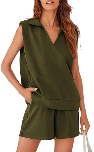2-delat set med shorts för kvinnor, sommarkrage loungetröjor, v-ringad tank top shorts ärmlösa resekläder med ficka, Armégrönt, M