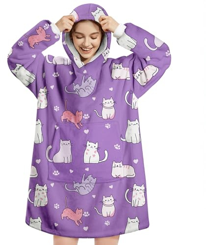 Queenshin Pläd huvtröja dam herr sherpa fleecefilt, vinterpläd poncho med ficka och varm ärm, mjuk bekväm för vuxna, Lila katt, One size