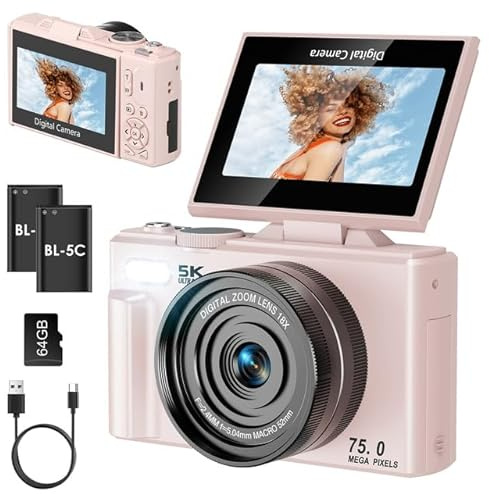 LAMA Cámara digital 4K 64MP Mini Cámara digital de 3,0 pulgadas con tarjeta SD de 64 G, 180 ° con pantalla de giro de 180°, zoom 18X, cámara compacta, cámara digital para principiantes, niños