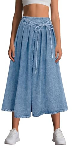Jupe Jean Femme Taille Haute- Jupe Mi Longue Décontracté avec Cordon De Serrage Couleur Unie Vintage Y2K Coupe Ample Fluide Grande Taille Chic Et Élégants Passe-Partout Streetwear Skirts