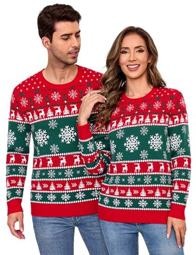 Aottori Pull de Noel Femme Homme Couple Unisexe Pulls Moche Noël Renne Imprimé Ugly Christmas Sweater Tricot Col Rond Drôle Famille Hiver Chaud Femme Rot XL