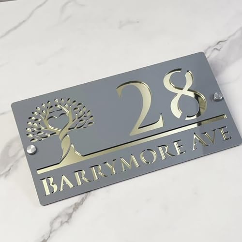 Personalisiertes Hausnummernschild – Moderne Schriftart, Individuelle Acryl-Adressplakette, Wetterfestes Namensschild For Haus, Tor Oder Wand, Einzugsgeschenk(Gray-Gold)