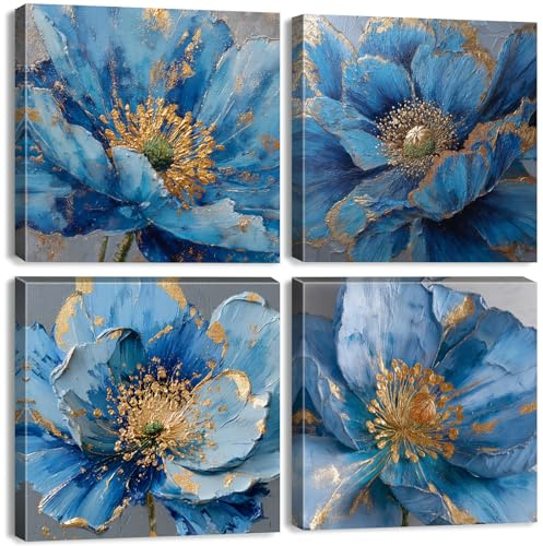 Bleu Floral Art Mural Aquarelle Coquelicot Images Blue Et Or DéCoration Murale Moderne Fleurs Peintures Impressions Sur Toile Abstrait Nature Botanique Affiches Oeuvre DéCoration De Salon 30x30cm 4pcs