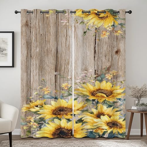 Generisch Sonnenblume Vorhänge, Holzoptik Muster Verdunklungsvorhänge, Bauernhaus Gardinen mit Ösen, Vorhang Blickdicht für Wohnzimmer Schlafzimmer Deko 2er Set - 245x140 (H X B) -Gelb