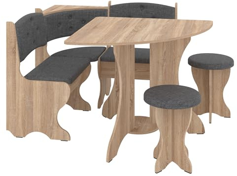 Rodnik Eckbankgruppe Bayar, 4-TLG. Set: Eckbank mit Stauraum, Viertelkreistisch und 2 Hockern, modern, klein, platzsparend (Eiche Sonoma)