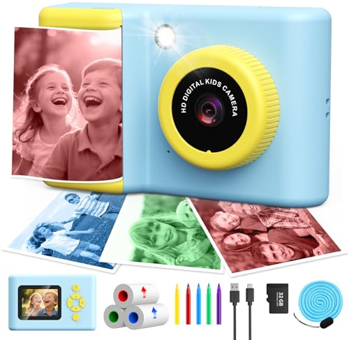 CHAKEYAKE Kinderkamera Sofortbildkamera, 20MP 1080P Digitalkamera mit 2,4-Zoll-Display, 3 Rollen Farbfotopapier, 32 GB Speicherkarte, Farbstift, Geschenke für Jungen und Mädchen 3-12 Jahre, Blau