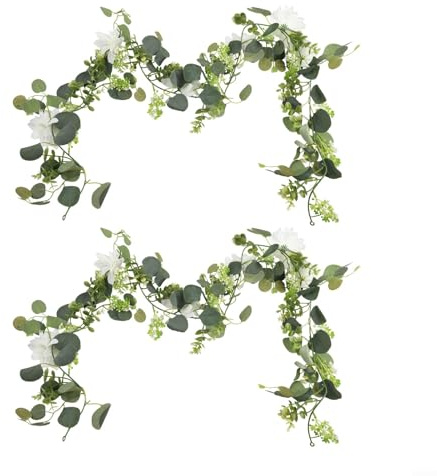 Elegante guirnalda blanca de dalia y eucalipto, 2 piezas de 12 pies de largo para decoración de boda, hogar, sala de estar, dormitorio, fiesta, arreglo floral