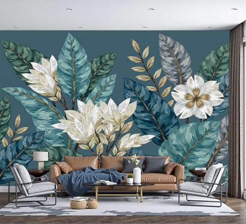 GSAEIMCT Bleu-Vert Feuilles De Fleurs Illustrations Rétro Papier Peint Panoramique,Papier Peint Pour Salon Chambre Chambre D'Enfant Décoration Murale,250X170Cm