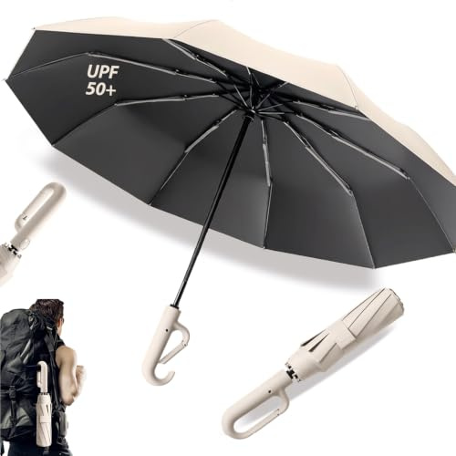 HSYTEK Kleiner Taschenschirm, Reise Mini Regenschirm, 10 Rippen Mini Schirm mit UV-Schutz, Reise Sonnenschirm für koffer, Leicht, Automatik und mit Ringgriff, für Damen und Mädchen(Beige)