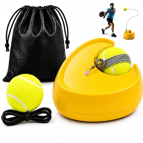 Tennis Trainer Set mit Tennisball an Schnur – Tennistrainer & Padel Trainer | Standfeste Basis ohne Wasserbefüllung, 2 m Schnur + Ersatzball mit 4 m Schnur und Beutel für flexibles Solo-Training