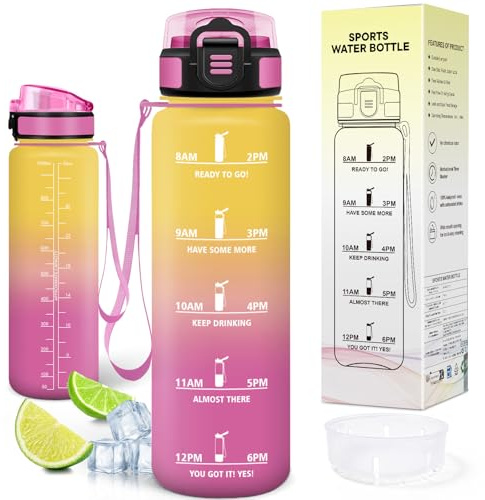 Motswedi Borraccia 1 Litro, senza Cannuccia, Borraccia Palestra, Bottiglia Acqua, a Prova di Perdite, Plastica Borracce Sportiva 1l, per Ufficio, Sport, Palestra, Ciclismo, Giallo & Rosa
