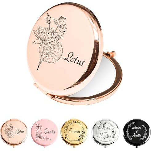 Personalisierter Kompaktspiegel mit Gravur, Klappbarer Taschenspiegel | 1X/2X Vergrößerung, Klappspiegel für Damen, Reisespiegel für Handtasche, Geschenk für Freundin, Mama, Weihnachten