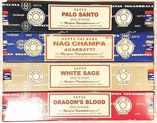 Incense 07 Nag Champa, Palo Santo, Drago, Salvia Bianca - Confezione da 4 (4 Set da 15 Bastoncini)