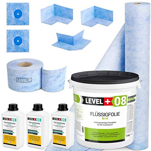 Abdichtungsset Duschabdichtung Bad 16Kg Flüssigfolie, 2 Innenecken, 1 Außenecke, 2 Wandmanschetten, 15M Dichtband, 2M Dichtbahn 3L Tiefengrund SET44