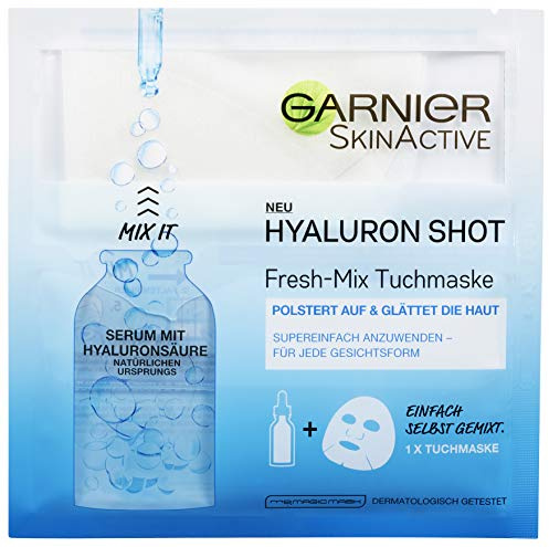 Garnier SkinActive Hyaluron Shot Fresh-Mix Tuchmaske, feuchtigkeitsspendend, polstert auf und glättet die Haut, 1er-Pack (1 x 33 g)