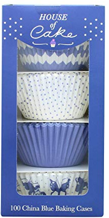 House of Cake China Blue Cupcake Cases, Ornate 50mm Baking Cups, Stripes, Dots, Floral, Pack of 100, 0650182