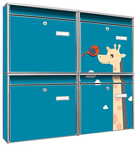 banjado Briefkastenanlage 4 Fach - Postkästen groß - verzinkter Stahl Silber DIN A4 Motiv Sally und Georg - Briefkasten Set 4 Briefkästen Namensschild, 2 Schlüssel, Montagematerial