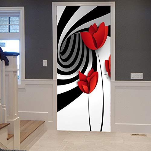 A.Monamour Türtapete Selbstklebend Türfolie Türposter 3D Schwarze Und Weiße Streifen Lochtunnel Rote Blumen Abstrakte Kunst Vinyl Folie Türdeko Tapete Wandbild Türaufkleber Türtattoo 90 x 200 cm