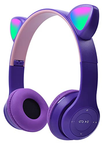 arVin Casque pour enfants, avec oreilles de chat lumineuses à LED avec microphone, enfichable, carte TF, casque stéréo Bluetooth pliable pour enfants, violet