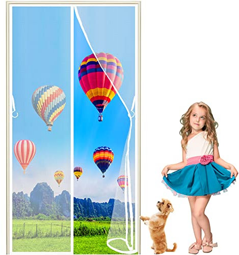 LZHBD Magnetic Fly Screen Door 140 x 210 cm Patio Heavy Duty Bug Mesh Curtain with Magnets & Full Frame Magic Tape ​- Balcony Insect Protection Door No Gap - White