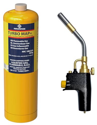 Super Total Fire Blow Torch and 1x Mapp+ Map Plus Pro Gas Canister Blow Torch with Gas Included for Soldering, Brazing, Searing, Thawing, Heat Treatment Quick Trigger Ignition Torch Trade Value Pack