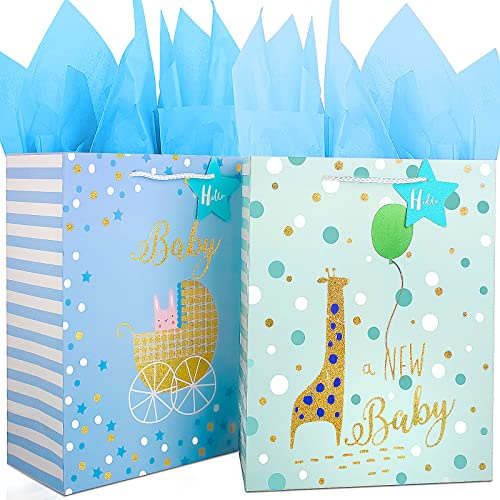 Geschenktüte für Babys, Jungen, 32 cm, große Geschenktüten mit Seidenpapier, Geschenktüte für Babypartys mit Goldfolien-Design, Papier-Geschenktüte für Neugeborene, Babys, neue Mütter,