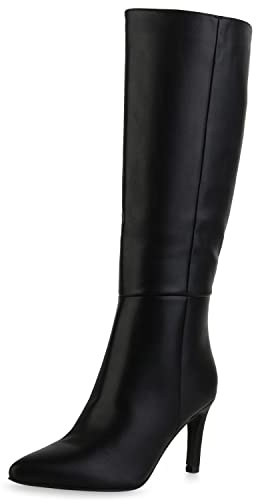 VAN HILL Damen Leicht Gefütterte Klassische Stiefel Spitze Schuhe Stiletto Absatzschuhe Basic Freizeit Boots 210014 Schwarz 39