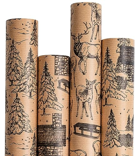 RUSPEPA Weihnachts-Geschenkpapier – Kraft-Weihnachtslandschaftsdesign – 4 Rollen – 43,5 x 305 cm pro Rolle