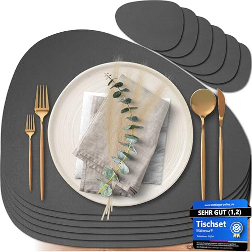 Mahewa® 6er Set Premium Tischset aus Kunstleder - Platzset abwaschbar und wasserdicht - Platzdeckchen Telleruntersetzer in Lederoptik (Dunkelgrau, Oval)