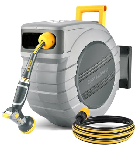 GLAHODEN Retractable Garden Hose Reel 1/2 in x 115 ft, 2025 Upgraded Dual Ratchet Lock UV & Freeze Protection Brass Seal Slow Retraction Anti-Tangle Hose 180°Swivel Reinforced Scaffold Wall Mount