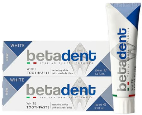 Betadent Set mit 2 weißen Zahnpasten. Sanft und nicht scheuernd, stellt das natürliche Weiß der Zähne wieder her, frischer Atem, Anti-Plaque, Zahnsteinbekämpfung - 2 x 100 ml