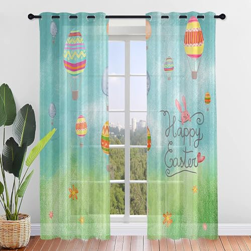 ENEN 2er Set Scheibengardinen 3D Ostern Halbtransparent Bistrogardine, Schlaufengardinen Gardinen Küche, Türgardine für Küche Wohnzimmer Landhaus (55x95cm,Heißluftballon)
