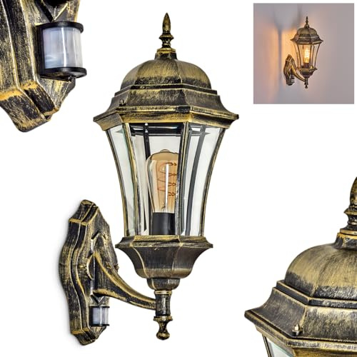 HOFSTEIN Außenwandleuchte Etoo, Außenwandlampe m. Bewegungsmelder aus Metall/Glas in Braun-Gold/Klar, Wandleuchte Up außen im Landhaus/Retro/Vintage-Stil, E27, IP44, Eingangsbereich, Terrasse, Haustür