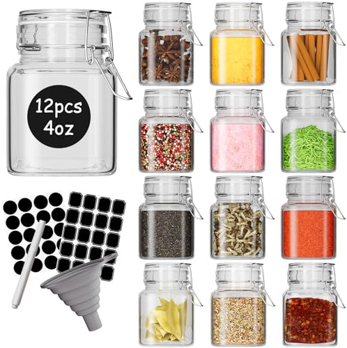 DHSBTLS 120ml Mini Square Spice Jars, 12 Pack Glass Mason Jars with Airtight Hinged Lid, Leak Proof Storage Container for Spices, Honey, Food Bottles with Silicone Funnel and 40 Labels &Chalkboard Pen