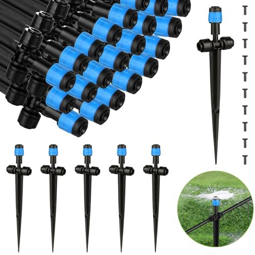 25 Stücke 360 Grad Einstellbare Bewässerung Sprinkler, Garten Bewässerung Tropfer mit Pfahl & Micro Drip Rohrhalter Tropfbewässerungsstrahler for 6,35 mm Schlauch Gewächshaus, Topfpflanzen, Blau