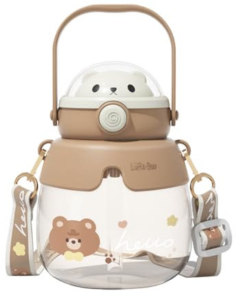 Kawaii Oso Botella de agua Kawaii de 850 ml con pajita y correa de hombro ajustable, botella de agua portátil a prueba de fugas para la escuela, viajes, pícnic, deportes (café)