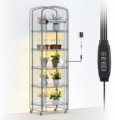 Abimars 5-stöckiges Mini-Gewächshaus mit Wachstumsleuchte, Regal höhenverstellbares Metall-Pflanzenregal mit PVC-Abdeckung und Rädern, inklusive 4er-Pack Vollspektrum-Pflanzenleuchten, 27,9 x 40,6 x