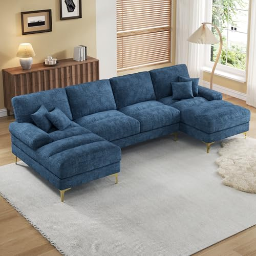 Sapgaks Modernes U-förmiges Sektionalsofa, Schlafsofa, 4-Sitzer, Polstermöbel, modernes Design, Chenille-Stoff (blau)
