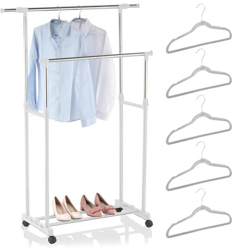 K AKTUAL Burro ropa doble con ruedas - Barra extensible para colgar más prendas - Medida 89-145 x 43 x 90-160 cm - Perchero burro resistente - Incluye 5 perchas de terciopelo