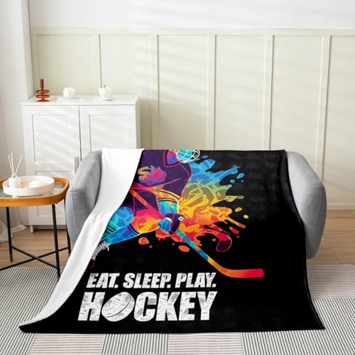 Erosebridal Ice Hockey Player Throw Blanket Baby 30x40,Graffiti Eat Sleep Hockey Blanket for Kids Boys Teens,Vintage Winter Sports Fuzzy Blanket,Pucks Sports Ball Games Fleece Blanket,All Season