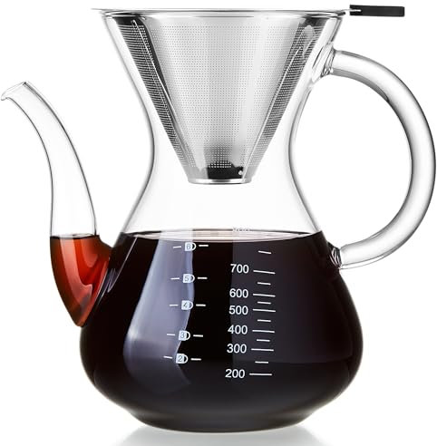 Caffettiera Pour Over in Vetro Borosilicato 34 oz – Filtro Riutilizzabile in Acciaio Inox, Resistente al Calore, BPA-Free – Caffettiera Manuale Ecologica per Fornelli, Anti-Goccia, Facile da Pulire