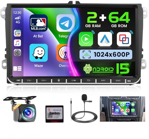 Ohradio 2G + 64G 9 Android 15 Radio Coche para VW Golf Polo Tiguan Touran Caddy Passat Seat Stereo con CarPlay inalámbrico Android Auto GPS FM/RDS Radio WiFi 2USB + Cámara Trasera + Mic - 2DIN